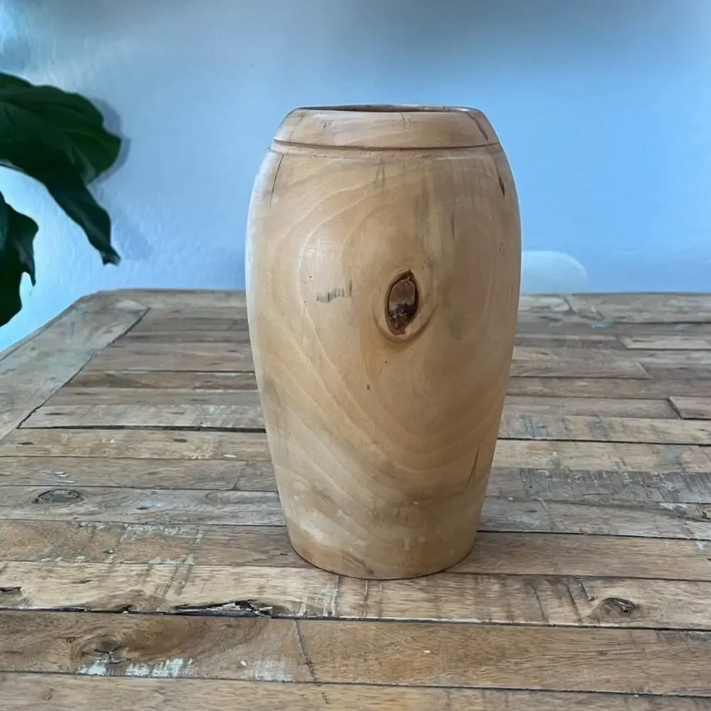 Hand Turned Wooden Table Vase 9” Tall Artist Made Light Brown